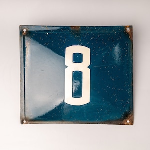 Vintage Blue Enamel House Number 8 - Rusty Metal Sign