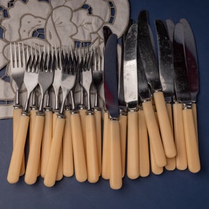 24x Bakelite cutlery set for 12 Knives and 12 forks with yellow bakelite handles Vintage flatware set Antique silverware set