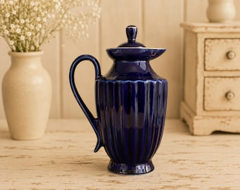 Vintage Cobalt Blue Ceramic Pitcher with Lid: Relief Ornament, Latvian Decor