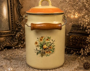 Vintage Yellow Enamel Milk Can with Lid: Rustic Bird Decor