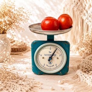 Op de afbeelding: Een vintage mechanische keukenweegschaal in de kleur blauwgroen met een ronde witte wijzerplaat met zwarte cijfers en tekst, inclusief 5kg en 20g markeringen. Twee helderrode tomaten liggen op de ronde metalen weegschaal bovenop.