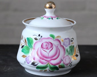 Vintage porcelain sugar bowl with lid Sugar dish with rose Hand painted floral sugar bowl