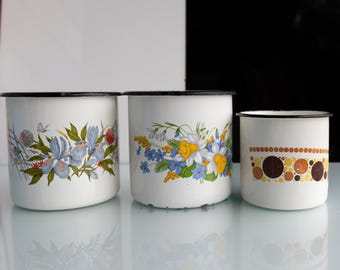 Vintage White Enamel Mug large, Floral Soviet Camping Mug