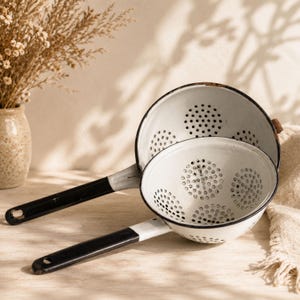 Vintage Metal Enamel Colander: USSR Farmhouse Kitchen Decor