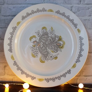 Extra large round ceramic platter 14" Serving tray with bird Giant faience plate USSR