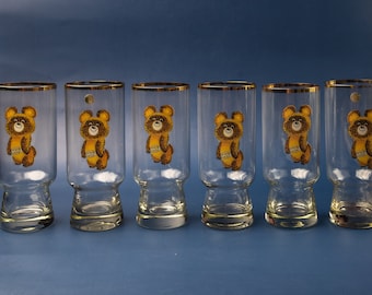 6x Collectible drinking glasses with Olympic Bear Tumbler glasses for juice water cocktail Olympic games Moscow 1980