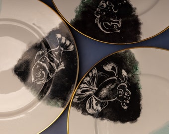 3x Bavaria porcelain dinner plates with fish Hutschenreuther Olivia hand painted serving plates