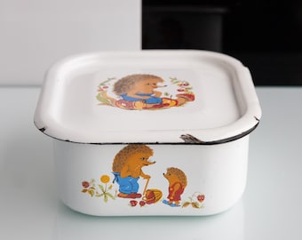 Vintage Enamel Container with Lid: Rectangular Lidded Bowl, Refrigerator Storage Box