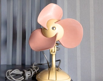 Vintage electric desk fan Soviet metal table ventilator Industrial decor yellow pink metal fan