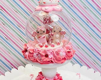 Gingerbread Candy Land Globe On Pedestal Bottle Brush Trees Candy Lollipops And Sprinkles 9 Inch Decoration Red Pink