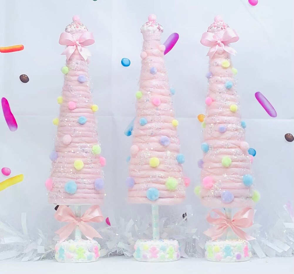 Large Cotton Candy Land Pom Pom Gingerbread Tree CupCake On Top 17 Inches