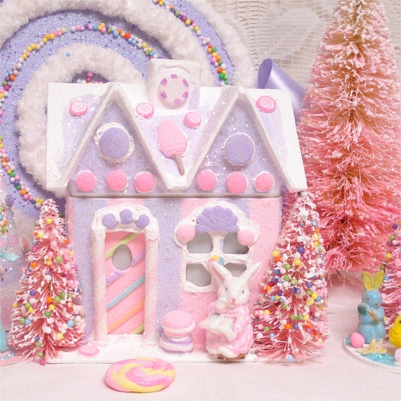 Easter Gingerbread House Lighted Decoration Pink And Purple Etsy