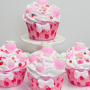Pastel Pink Strawberry Cupcake Faux Food Decor Glitter Fake Bake 3 1/2 Inch