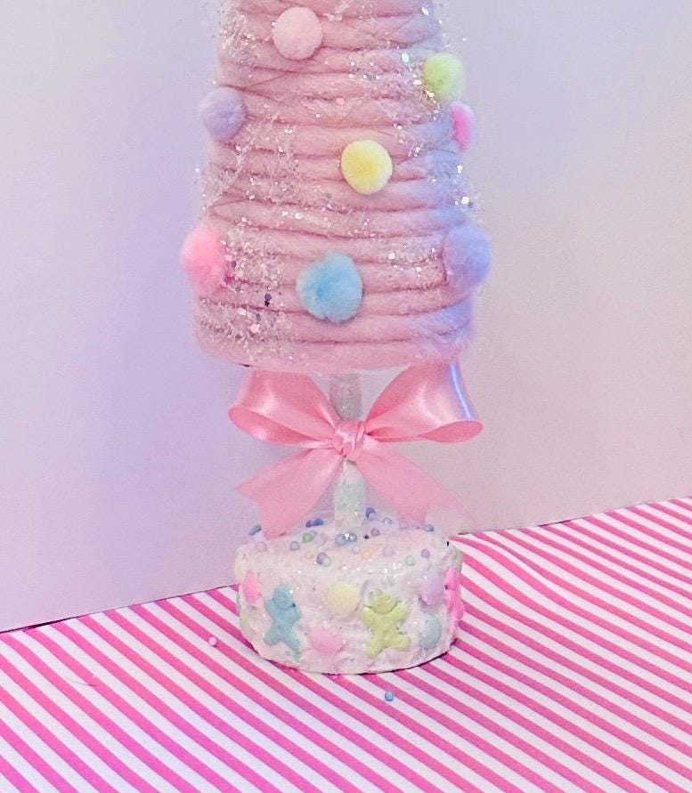 Large Cotton Candy Land Pom Pom Gingerbread Tree CupCake On Top 17 Inches