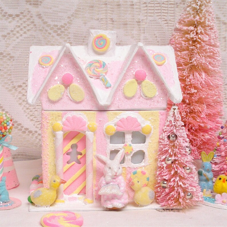 Easter Gingerbread House Lighted Decoration Pink Yellow 7 Inch Etsy