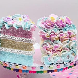 Large 5 Inch Fake Bake Cake Slice 3 Layer Pink Aqua Yellow Faux ...