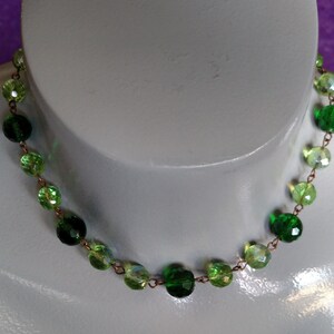 Vintage glass choker necklace emerald peridot forest green faceted bead iridescent aurora borealis AB sparkle aged brass metal OOAK handmade
