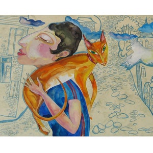 Author&#39;s print of the original watercolor painting, Girl with cat, Cityscape, Red cat in painting