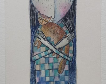 Original Etching “Girl with Cat” | Fine Art Printmaking