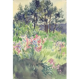 Vintage miniature watercolor landscape painting, Small watercolor with with pines, Ukraine seller, Original painting on paper from the 80's.