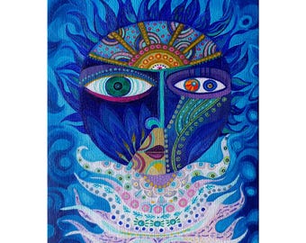 Fantasy Miniature Painting – Original Acrylic Art, Small Surreal Artwork in Blue, Dreamy Collectible Gift