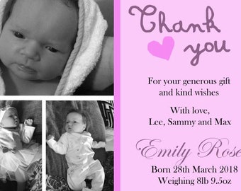 Newborn baby birth announcement and thank you card - personalised