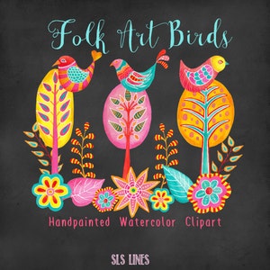 Folk Art Birds Watercolor Clipart - Folk Art Trees and Flower Graphics PNG