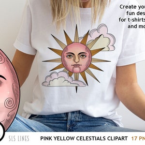 Celestial Clipart, Suns & Moons PNGs, Sun and Moon Face Clipart in Pink image 5