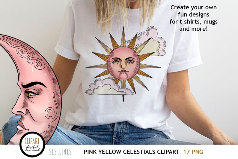 Celestial Clipart, Suns & Moons PNGs, Sun and Moon Face Clipart in Pink image 5