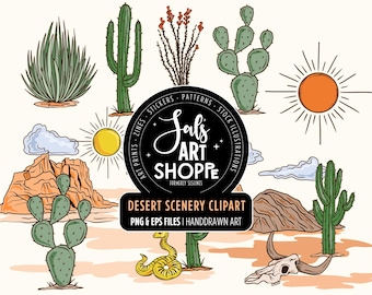 Desert Scenery Clipart, Southwestern Graphics, Desert Landscape Illustrations, Commercial Use, PNG and Vector, Cactus & Rocks