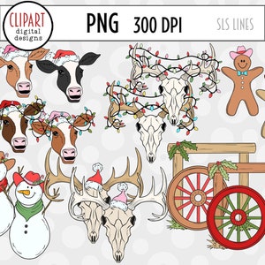 Western Christmas Clipart, Country Santa Clipart, Santa Rodeo, Cowboy Boot Ornaments, Santa on a Tractor, Christmas Cactus PNG