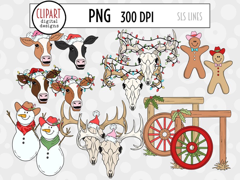 Western Christmas Clipart, Country Santa Clipart, Santa Rodeo, Cowboy Boot Ornaments, Santa on a Tractor, Christmas Cactus PNG
