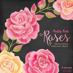 roses watercolor clipart, pink roses with wreaths and laurels,  rose illustrations png