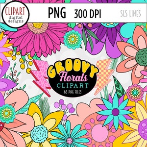 Retro Flower Clipart, Groovy Florals Png, Rainbow Flower Set, Boho Flowers, 70s Flowers PNG Set, Daisy Png, Hippie Clipart