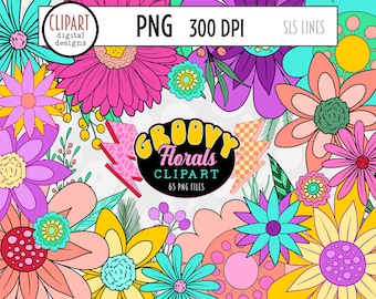 Retro Blumen Clipart, Groovy Florals Png, Regenbogen Blumen, Boho Blumen, 70er Jahre Blumen PNG Set, Gänseblümchen Png, Hippie Clipart