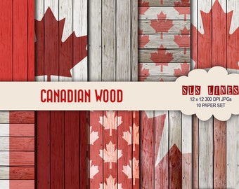 Canada Digital Paper set,  maple leaf canadian flag on wood texture paper pack