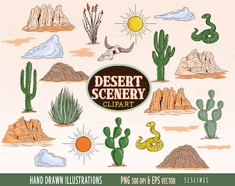 Desert Scenery Clipart, Southwestern Graphics, Desert Landscape Illustrations, Commercial Use, PNG and Vector, Cactus & Rocks