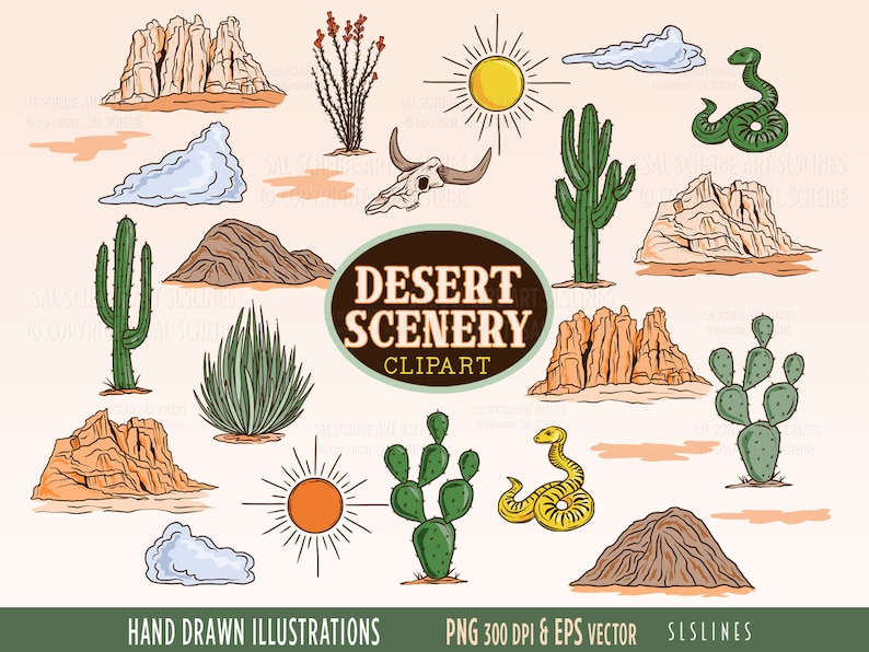 Desert Scenery Clipart, Southwestern Graphics, Desert Landscape Illustrations, Commercial Use, PNG and Vector, Cactus & Rocks