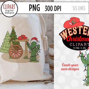 Western Christmas Clipart, Country Santa Clipart, Santa Rodeo, Cowboy Boot Ornaments, Santa on a Tractor, Christmas Cactus PNG