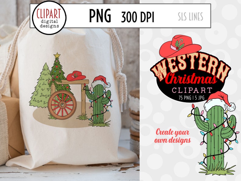 Western Christmas Clipart, Country Santa Clipart, Santa Rodeo, Cowboy Boot Ornaments, Santa on a Tractor, Christmas Cactus PNG