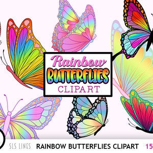 Rainbow Butterflies Clipart - Pretty Rainbow Butterfly Illustrations PNG Files