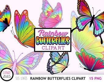 Rainbow Butterflies Clipart - Pretty Rainbow Butterfly Illustrations PNG Files