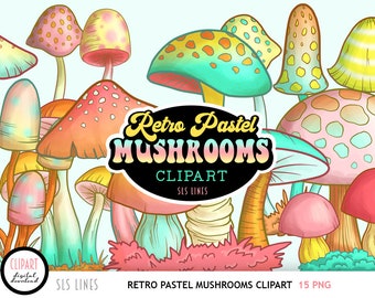 Imágenes prediseñadas de hongos retro - Hongos hippies PNG - Imágenes prediseñadas de pastel psicodélico