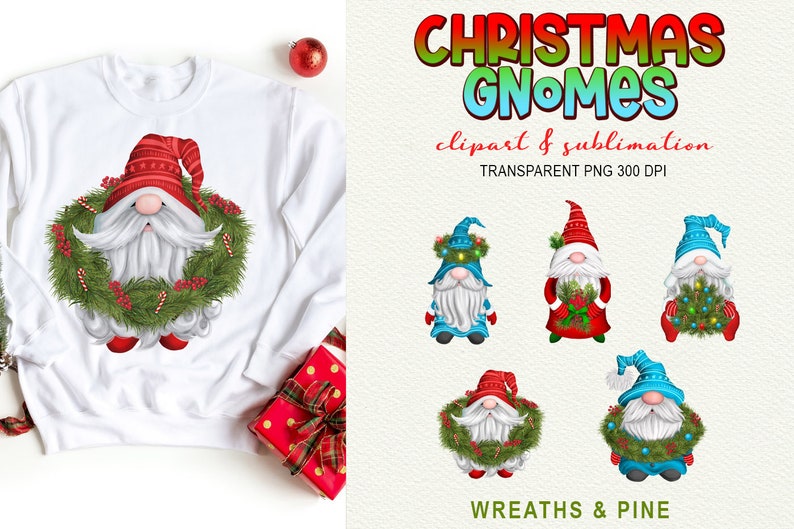 Christmas Gnome Clipart Holiday Wreaths & Pine PNG Sublimation Elements image 4