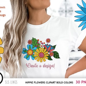 Hippie Flower Clipart, Boho Flowers PNG, Groovy 60s Flowers in Bold Colors image 5
