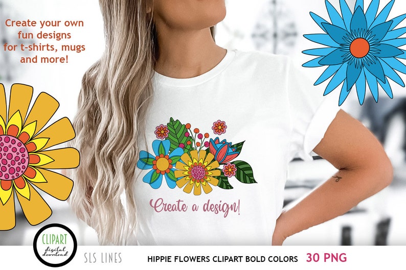 Hippie Flower Clipart, Boho Flowers PNG, Groovy 60s Flowers in Bold Colors image 5