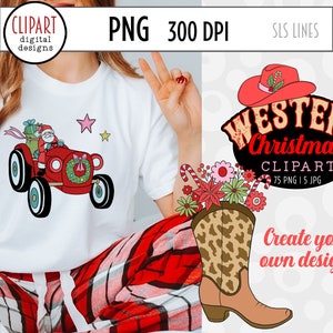 Western Christmas Clipart, Country Santa Clipart, Santa Rodeo, Cowboy Boot Ornaments, Santa on a Tractor, Christmas Cactus PNG