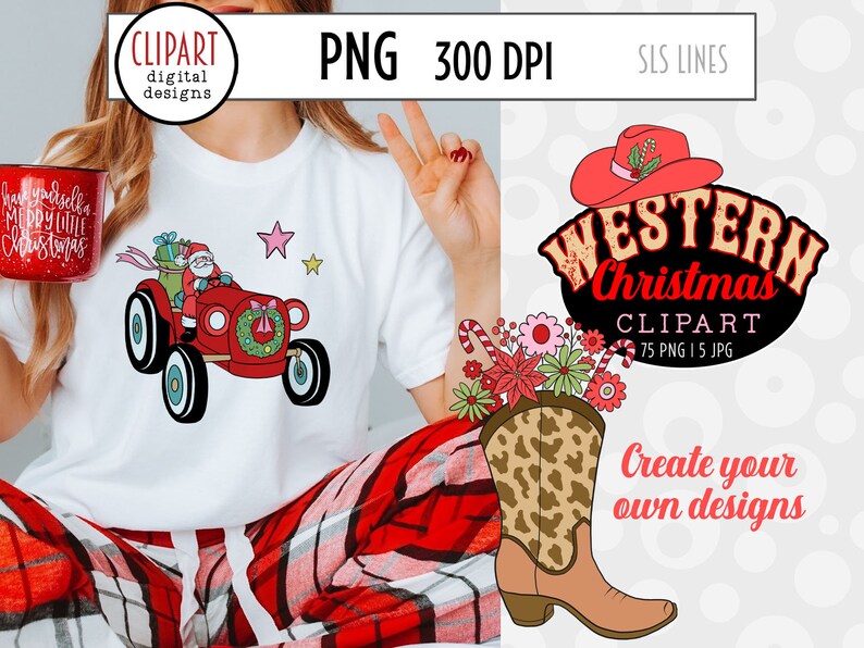 Western Christmas Clipart, Country Santa Clipart, Santa Rodeo, Cowboy Boot Ornaments, Santa on a Tractor, Christmas Cactus PNG