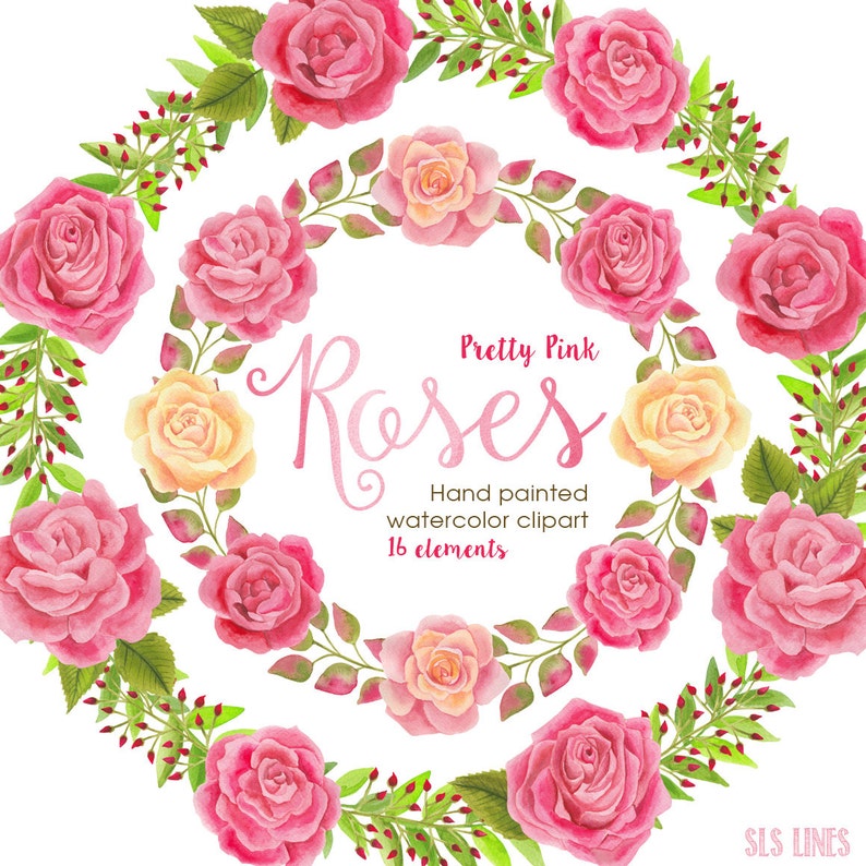 roses watercolor clipart, pink roses with wreaths and laurels,  rose illustrations png