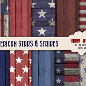 Ensemble de papier numérique USA, étoiles et rayures pack de papier américain rouge blanc et bleu, texture bois image 1